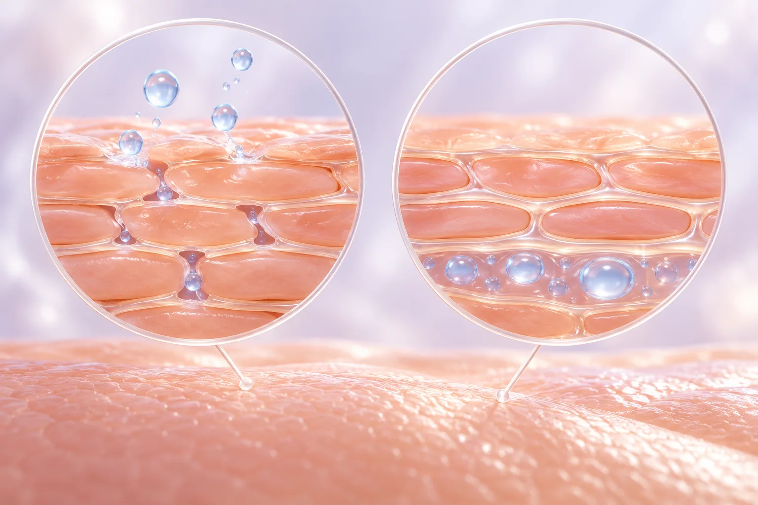 Magnified conceptual outer skin barrier with lipid spaces and symbolic water droplets.
