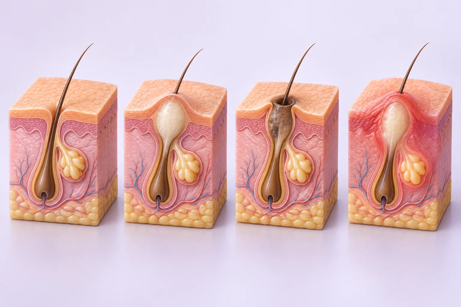 Conceptual follicle cutaways: clear canal, closed comedone, open comedone and inflammation.