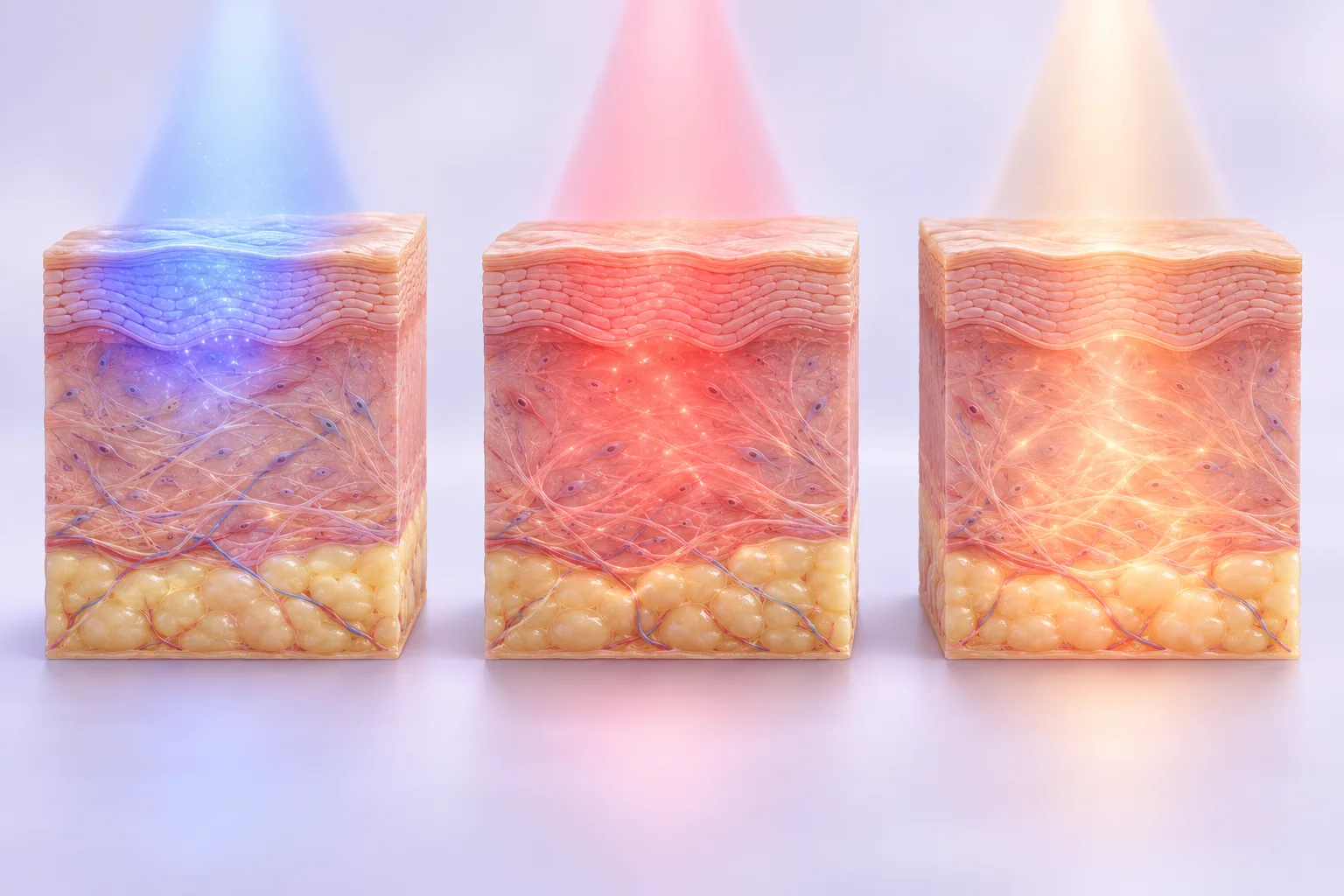 Conceptual skin cutaway with blue, red and near-infrared light.
