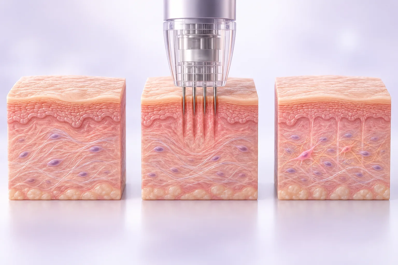 Conceptual skin cutaways before needling, during microchannel creation and during recovery.