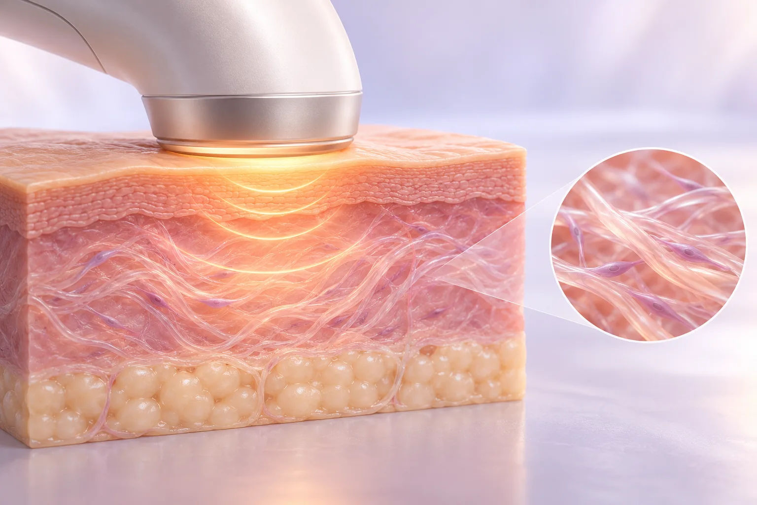 External handpiece on intact skin with a symbolic warm zone and connective-tissue detail.