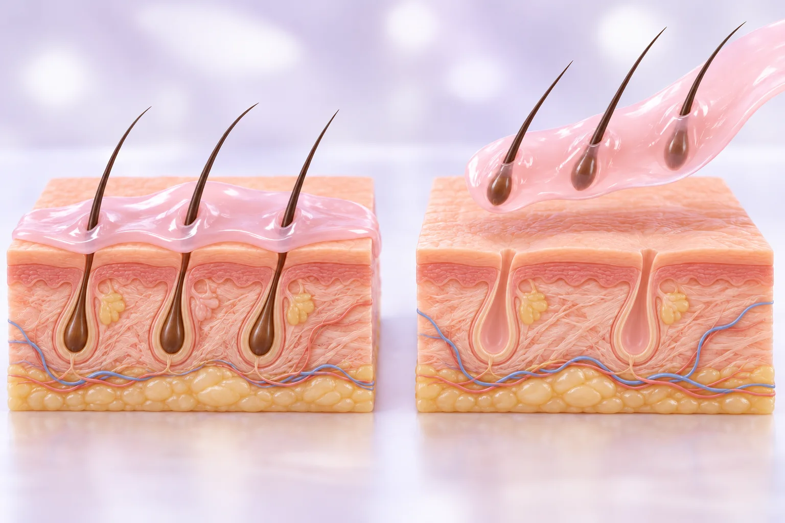 Conceptual wax holding hair shafts and removing them while preserving follicles.