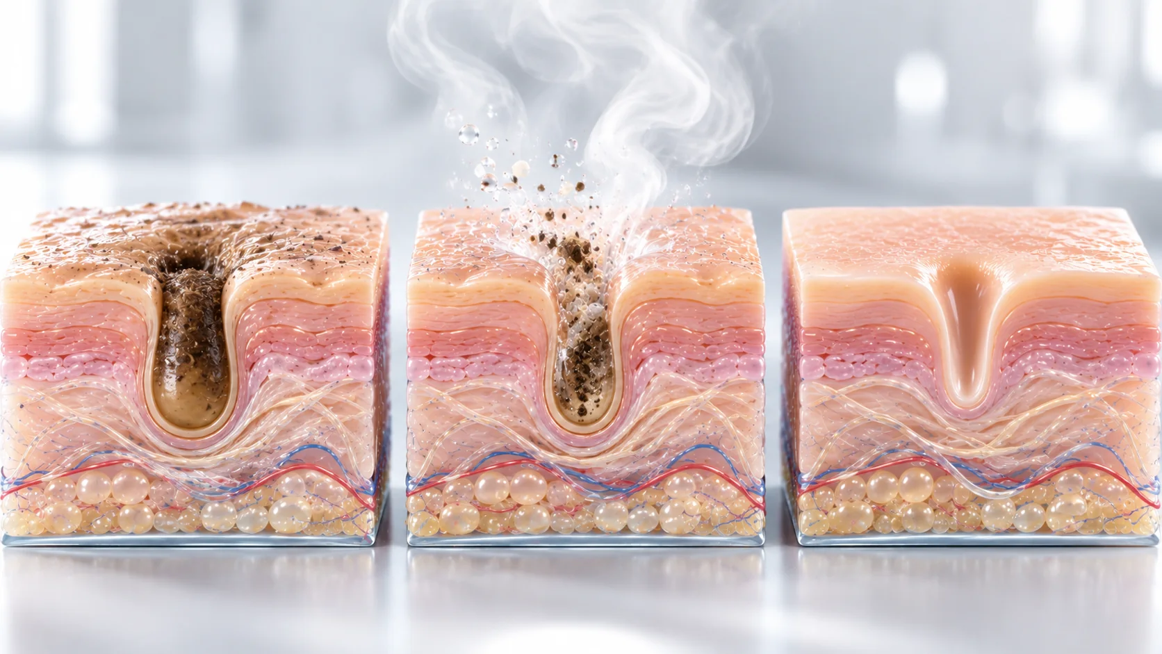 Illustration of pore cleansing with steam.