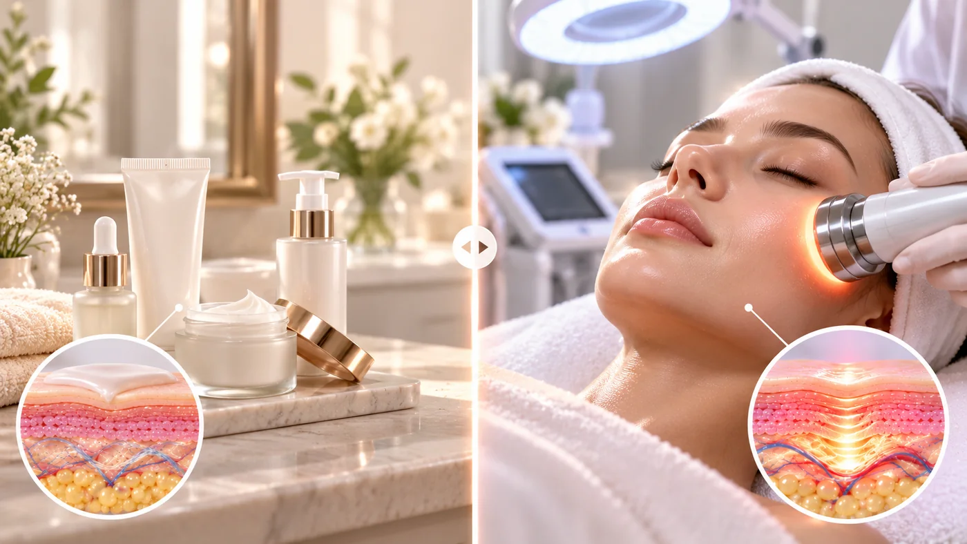 Illustration of how home care and studio device treatments act on the skin