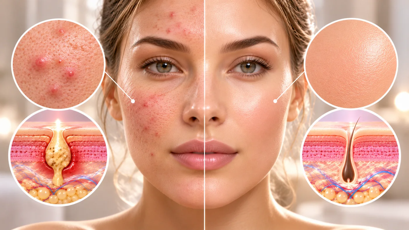 Illustration of skin before and after care, with an inflamed and a clear pore