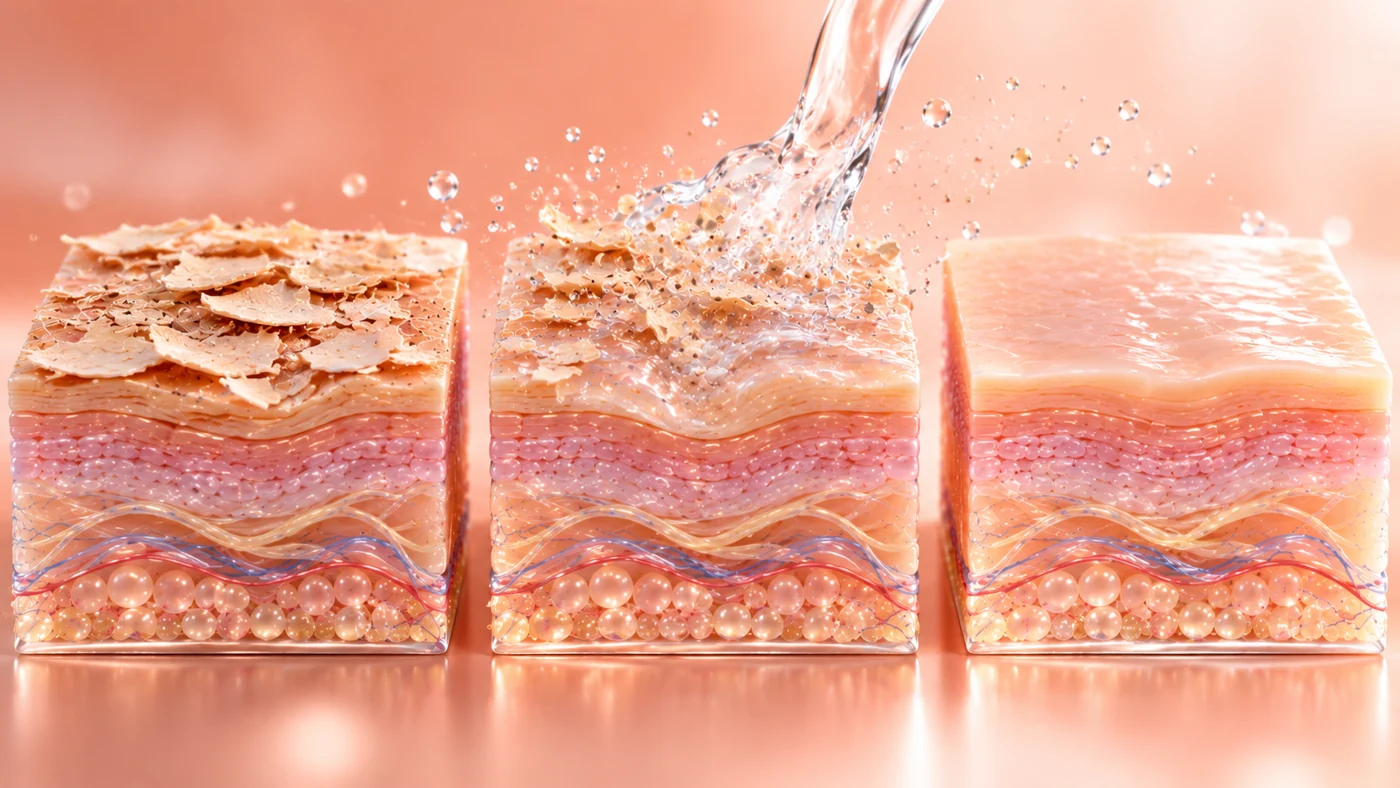 Three skin states: flaking, water cleansing and smooth skin